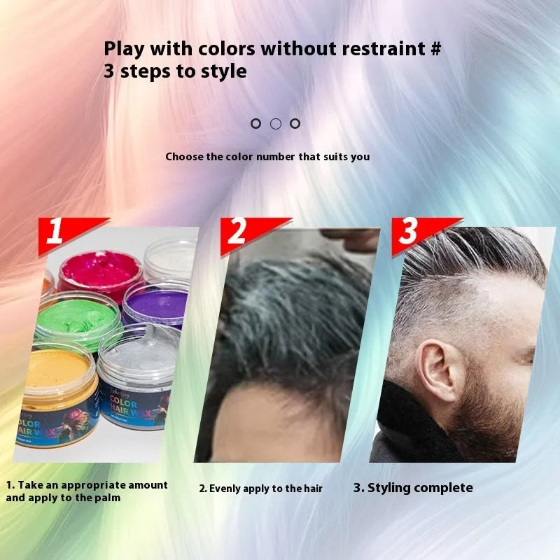 Pot of 120g hair styling clay shown in one of nine available colours, including blue, green, red, and granny grey.