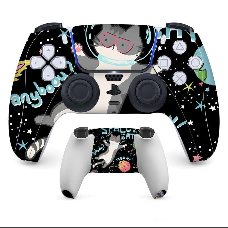 PS5 controller with protective front and back skin applied, showing micro-frosted PVC texture.