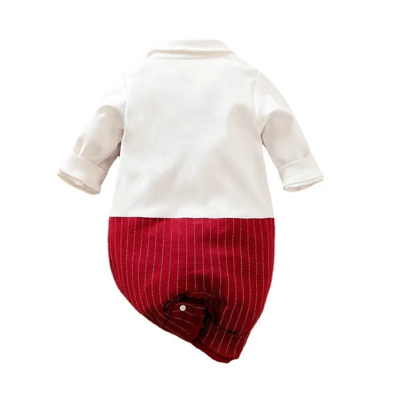 Wine red cotton baby boy romper with long sleeves and a single-breasted front, laying flat.