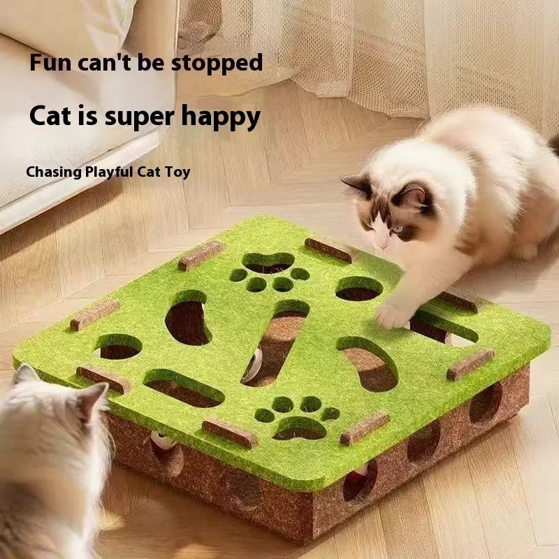 Green brown felt cat toy box with self-hi feature measuring 30cm square