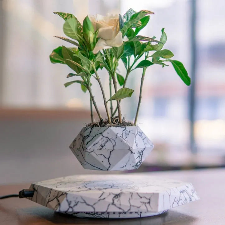 Marble-coloured levitating plant pot floating above magnetic base with small plant rotating