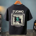 Men's loose half sleeve pullover top with letter pattern, thin milk silk, black or white, sizes S to 5XL