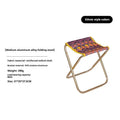 Black ethnic-style aluminium alloy folding stool shown in folded and unfolded positions.