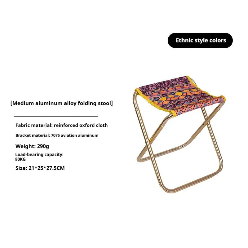 Black ethnic-style aluminium alloy folding stool shown in folded and unfolded positions.