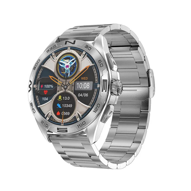 Men's smart watch showing display with WhatsApp notification, heart rate graph, and blood pressure reading.