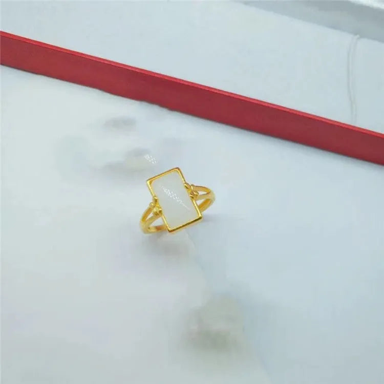 Adjustable brass gold-plated ring with electroplated gemstone inlay in national style design