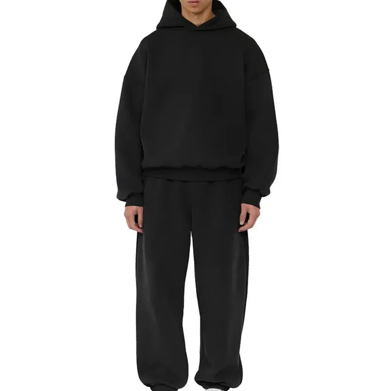 Men's grey fleece-lined cotton pullover sweatshirt hoodie with threaded long sleeves