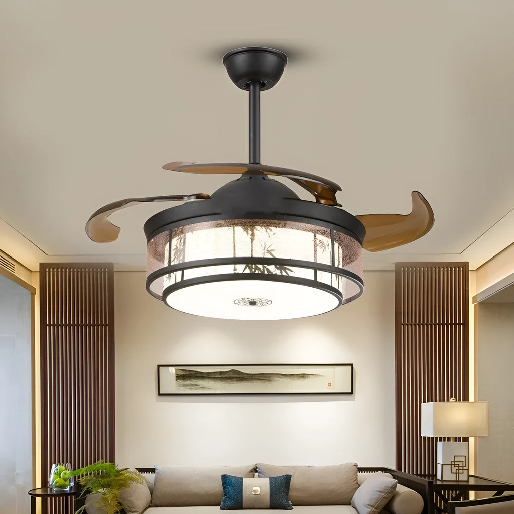42 inch Chinese style ceiling fan chandelier with ABS blades, gauze sheepskin cover, and tricolor dimming light