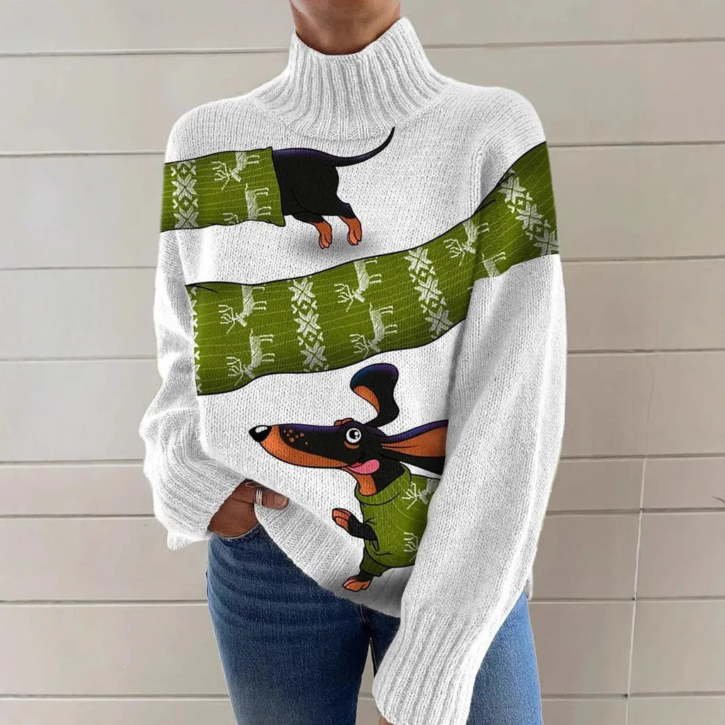 Women's loose-fit Christmas printed turtleneck sweater in a soft macaron colour.