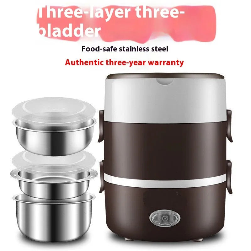 Portable plug-in insulated lunch box in double layer pink with stainless steel inner liner and electrical plug