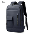Lightweight Oxford cloth men's backpack in dark grey with sewing line details, shown from the side.