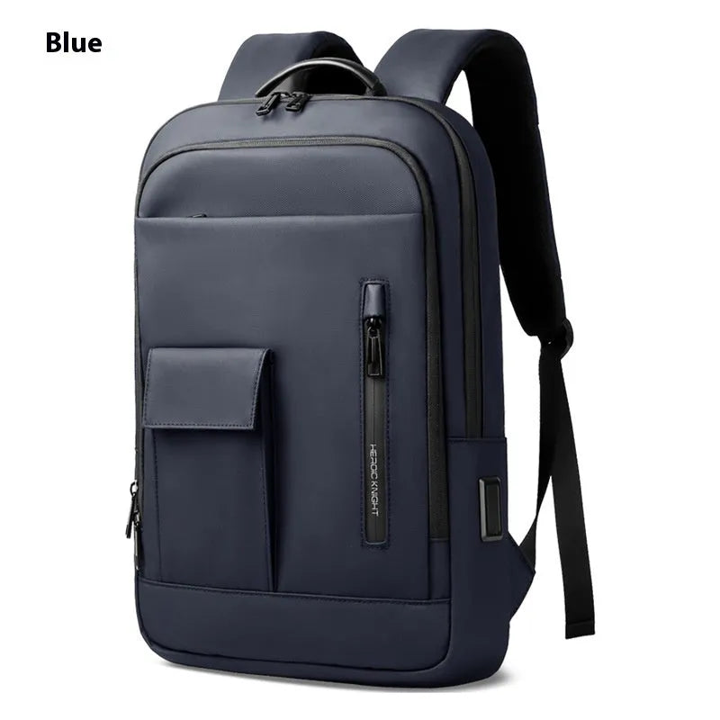 Lightweight Oxford cloth men's backpack in dark grey with sewing line details, shown from the side.