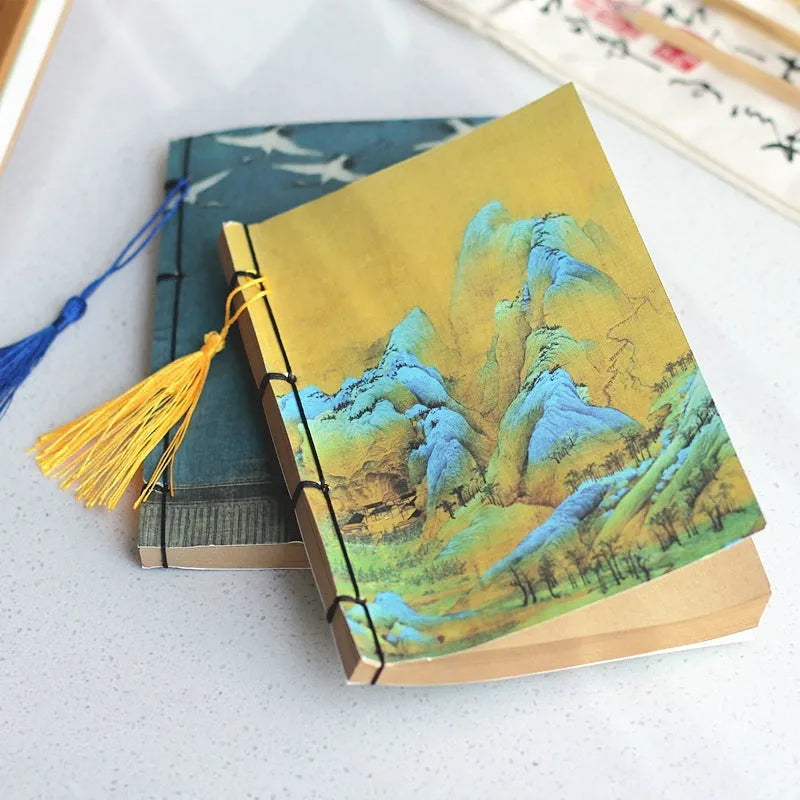 A5 antique wire-bound notebook with retro painting cover and black wax rope binding
