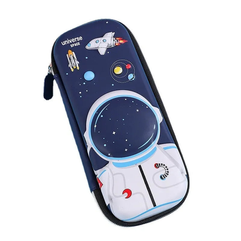 Three-dimensional EVA cartoon pencil case with large capacity, featuring an astronaut design on a blue background