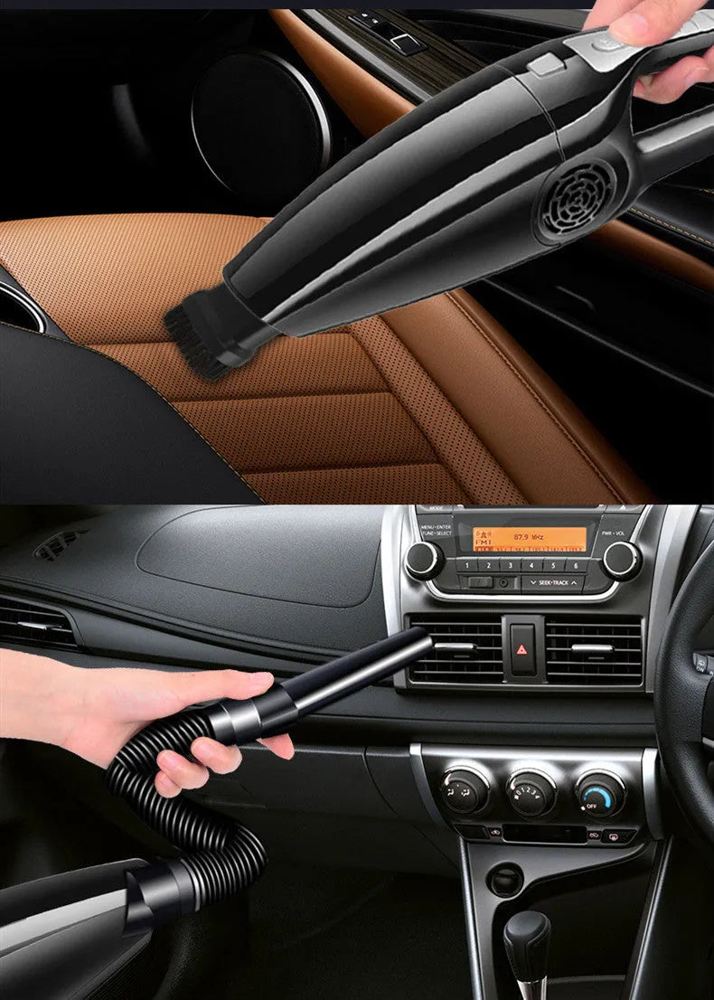 Black and orange car vacuum cleaner with cigarette lighter plug, showing compact 36cm size.