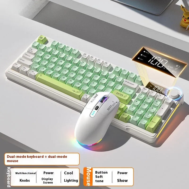 Blue and white wireless mechanical-feel keyboard and mouse set on a wooden desk