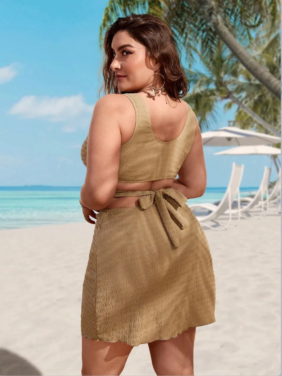 Women's loose brown polyester swimsuit suit, sleeveless briefs style, sizes 0XL-4XL