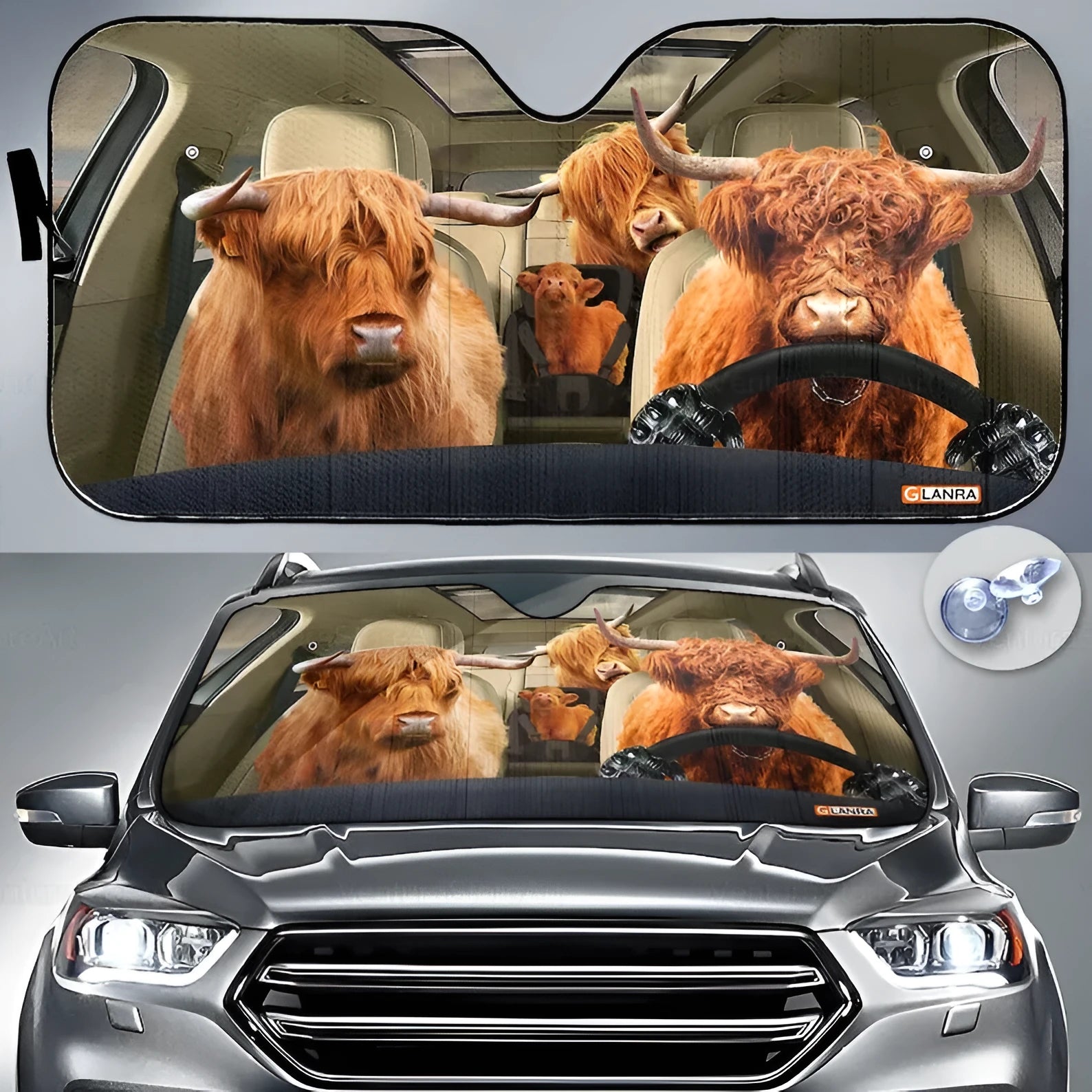 Telescopic aluminium foil car sun shield extended across a vehicle windscreen