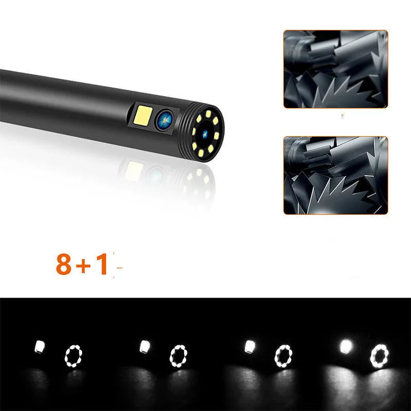 F300 wireless endoscope with dual 5.5mm and 8mm cameras, magnet, hook, and 20m cable on a smartphone display.
