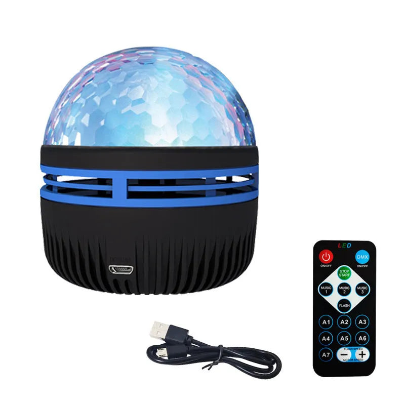 LED galaxy projector lamp with acrylic shade showing colourful rotating star patterns for bedroom or party use