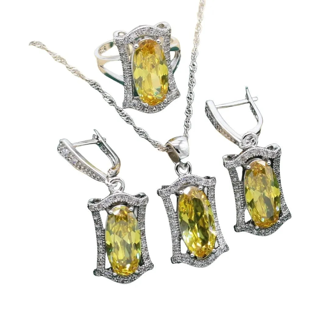 Women's zircon jewellery set with anti-allergy alloy necklace, earrings, ring and bracelet in yellow or olive colours