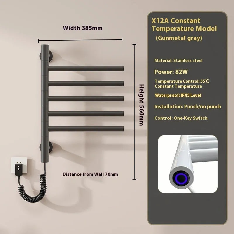 5-layer stainless steel electric towel rack in black with punch-free mounting and WiFi control