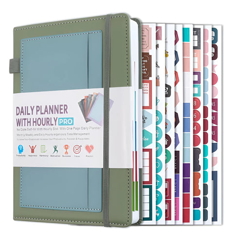 A5 undated notebook with PU leather cover in six colours, open to show flat-lay binding and planning stickers.