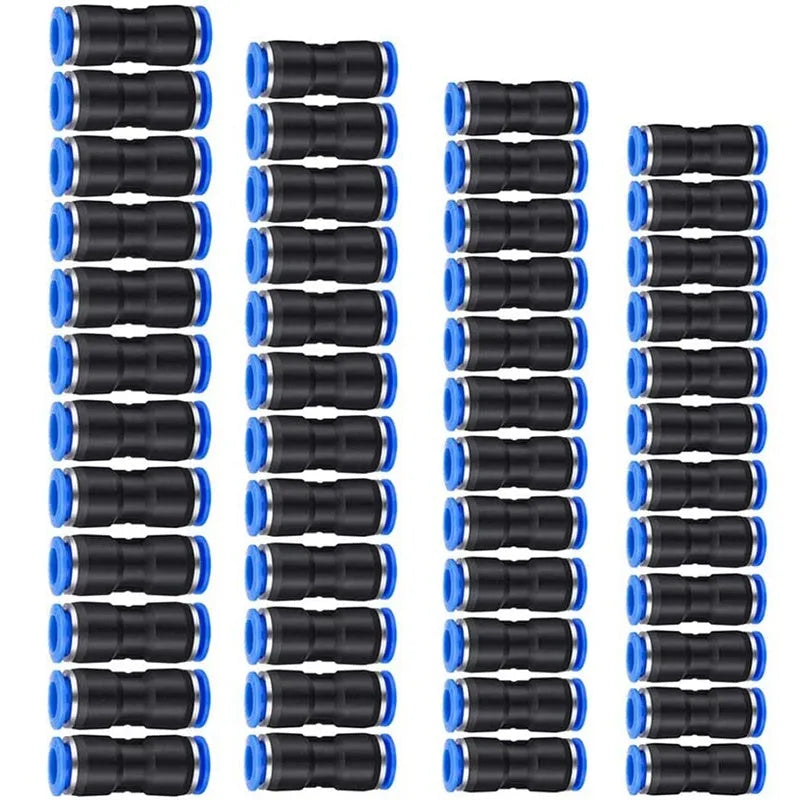 Blue Jinqi pneumatic straight through quick connector for PU tubing sizes 4mm to 16mm.