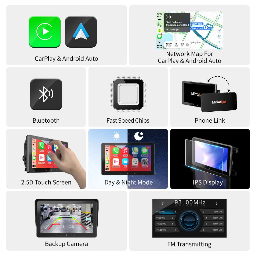 7 inch wireless CarPlay display with suction cup mount and cigarette lighter power adapter