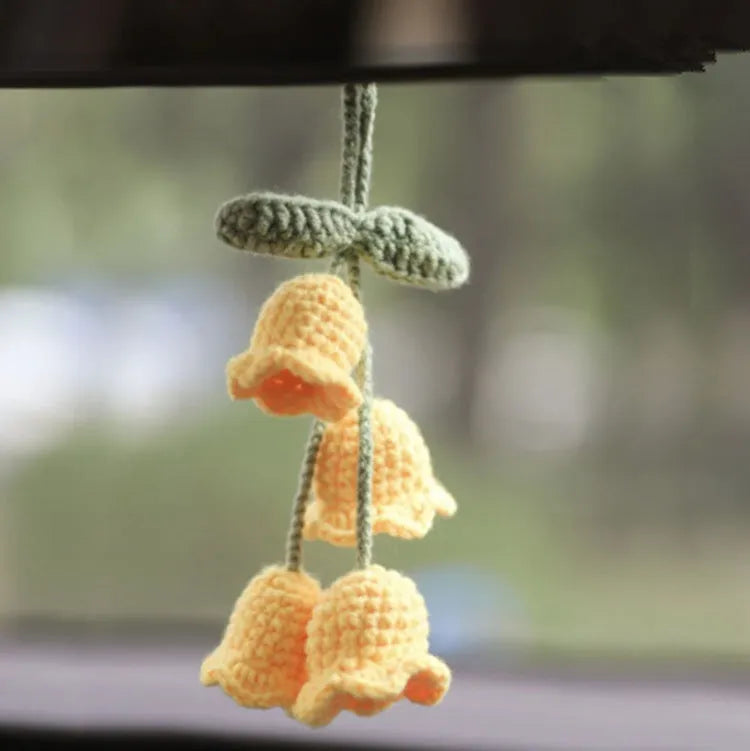Green and white knitted car plant ornament with hanging rope for dashboard or mirror decoration