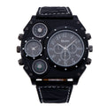 Two places travel time watch for men with two time zones, zinc alloy case 50x58x13mm, PU strap and luminous brown or black dial.