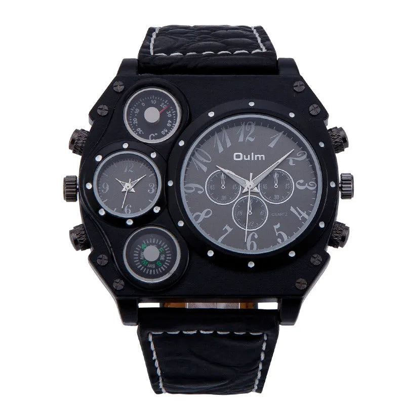Two places travel time watch for men with two time zones, zinc alloy case 50x58x13mm, PU strap and luminous brown or black dial.