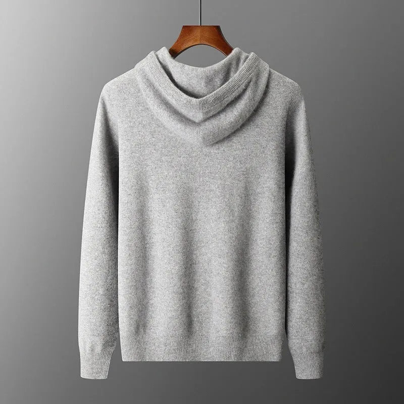 Men's light gray cashmere hooded sweatshirt and long pants set on a hanger.