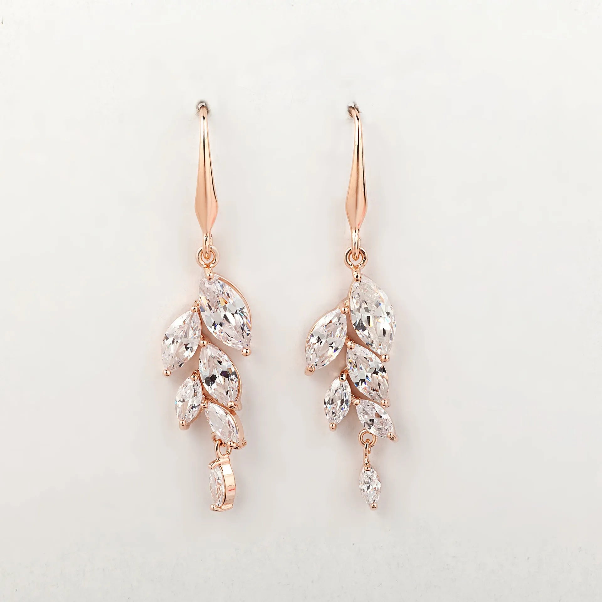 Leaf-shaped zircon earrings for women in rose gold white finish on copper alloy