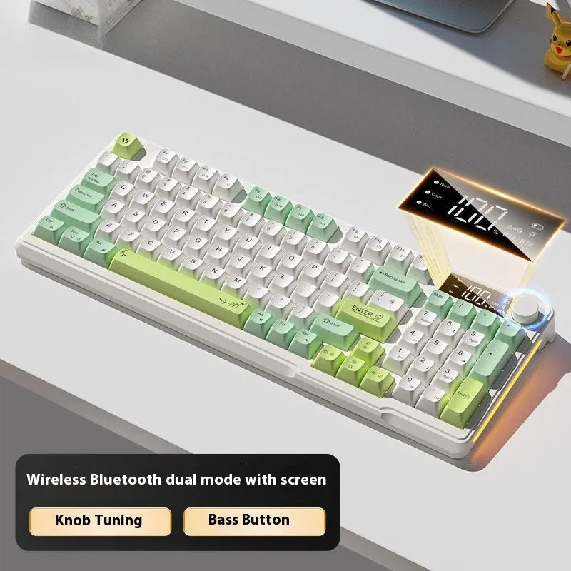Blue and white wireless mechanical-feel keyboard and mouse set on a wooden desk