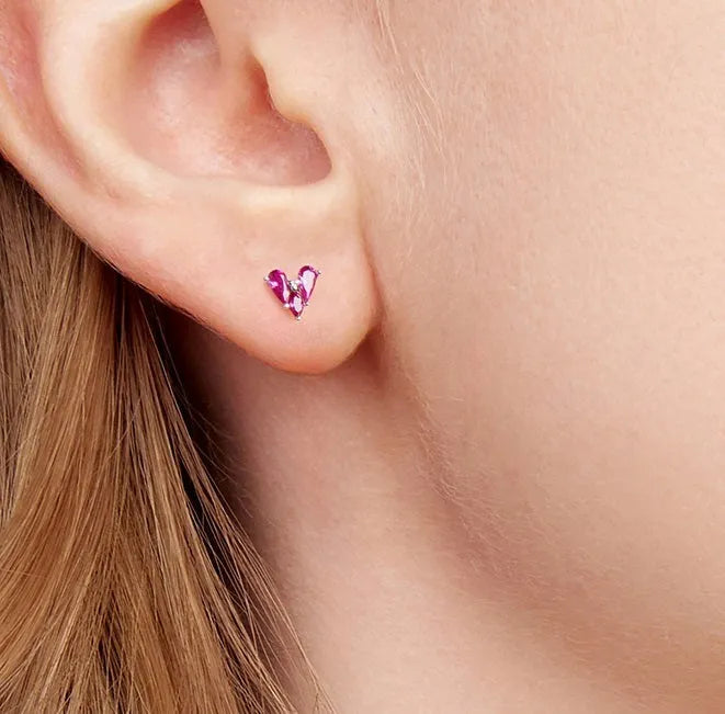 Rose red heart shaped 925 silver small ear studs for women on white background