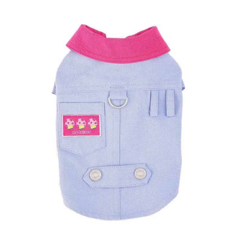 Blue and purple polyester dog harness with traction rope ring for small dogs, showing size options