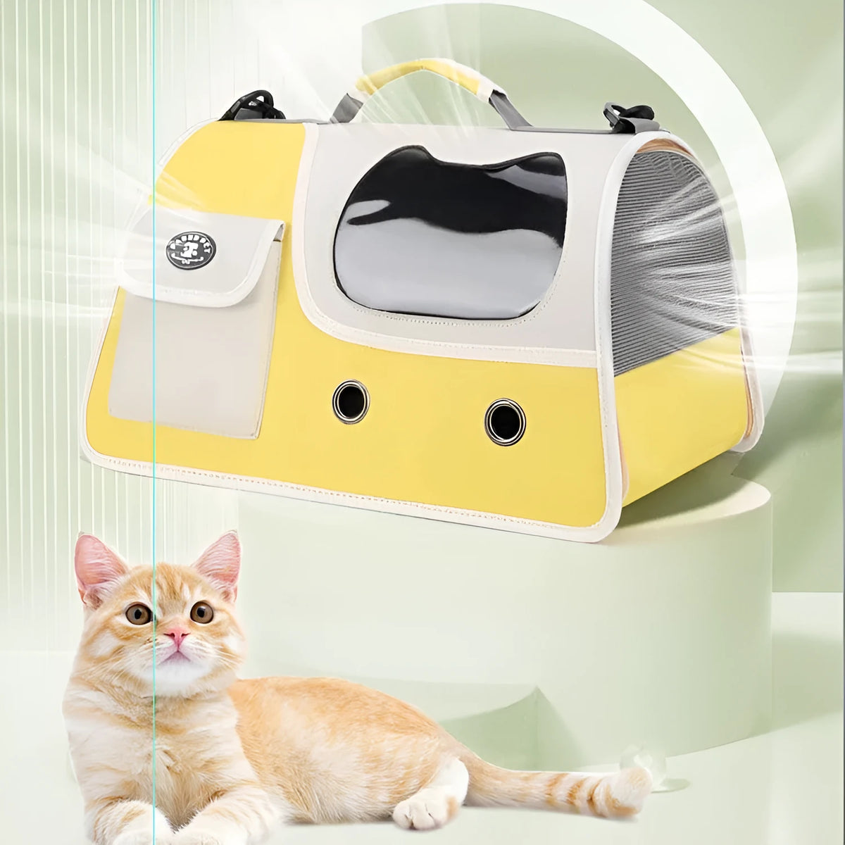 Crossbody pet backpack in Oxford cloth with spacious breathable design, available in yellow, green, or black.