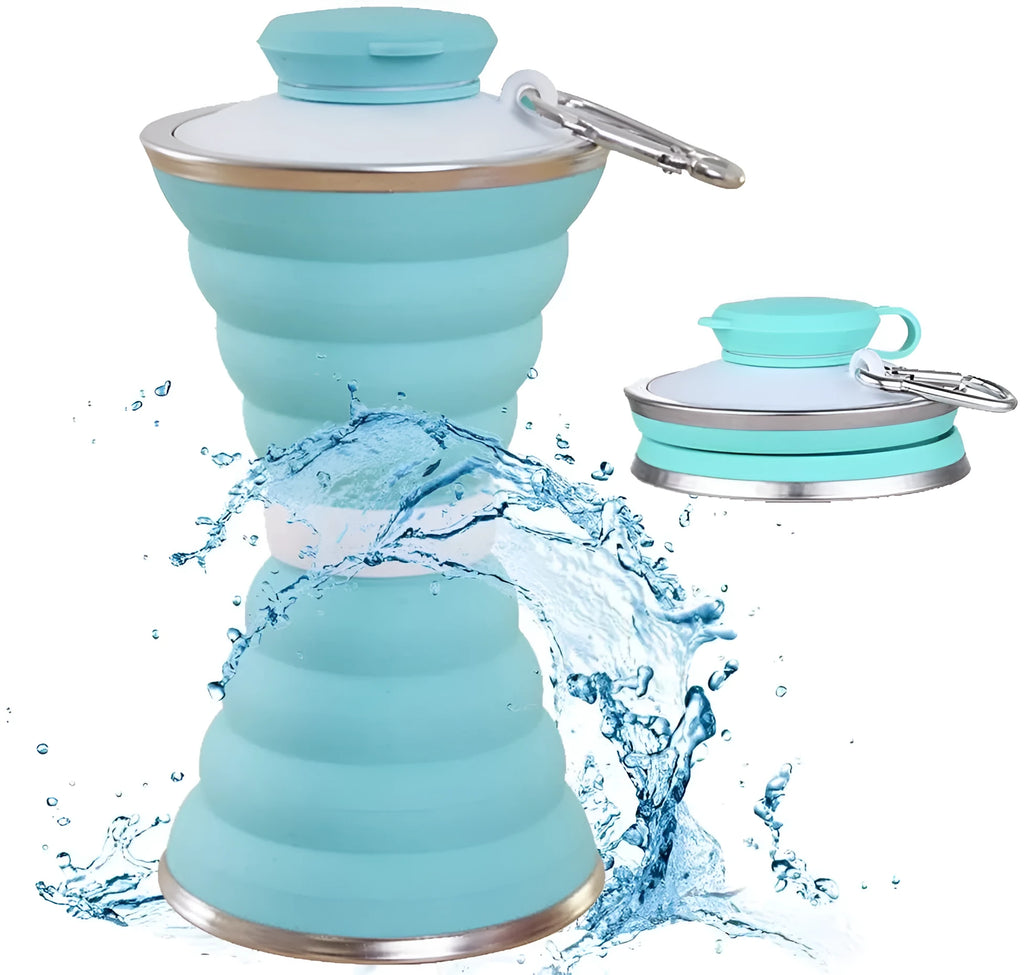 Collapsed and unfolded 500ml silicone travel cup in various colours with lid and carry hook