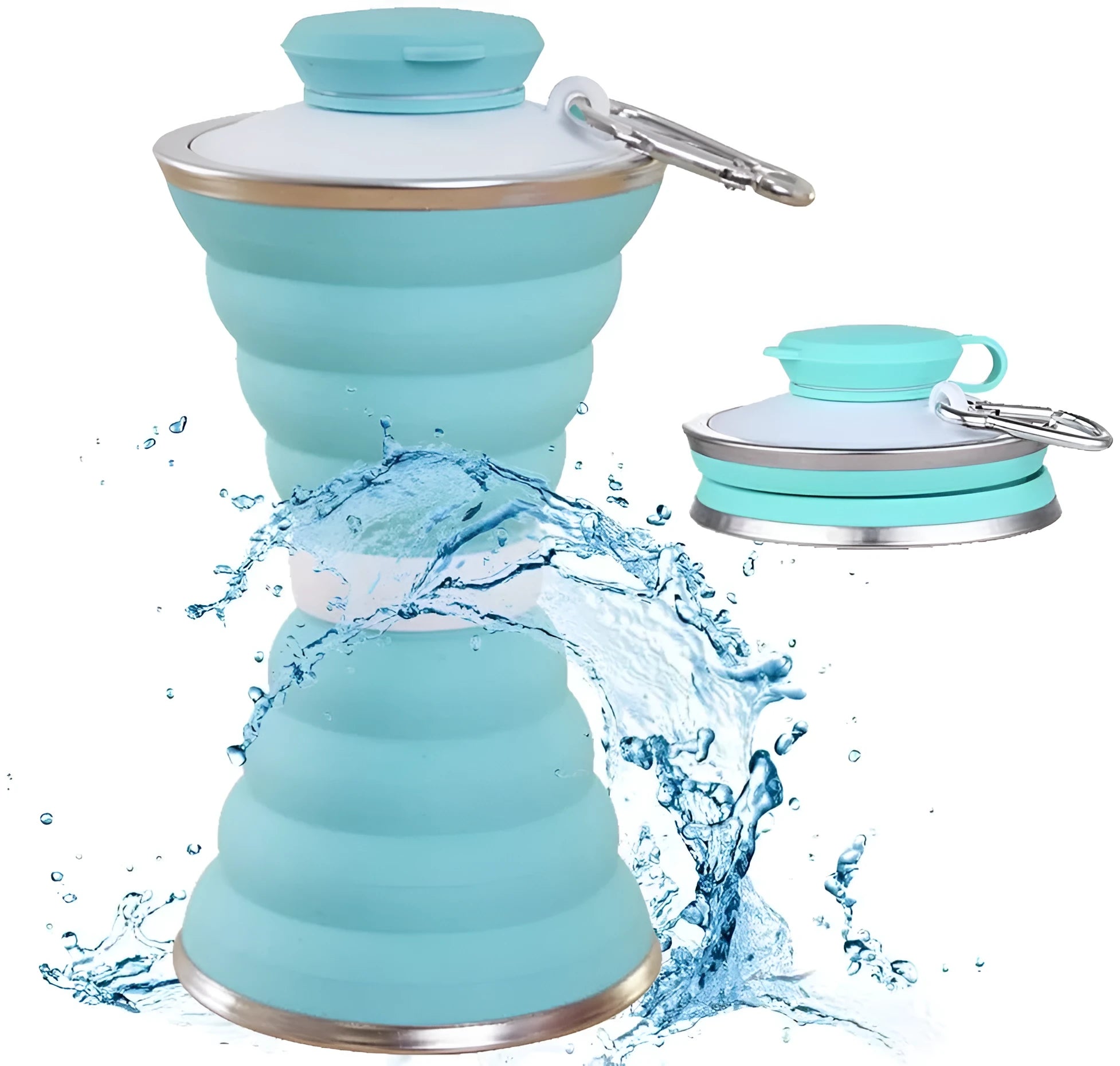 Collapsed and unfolded 500ml silicone travel cup in various colours with lid and carry hook