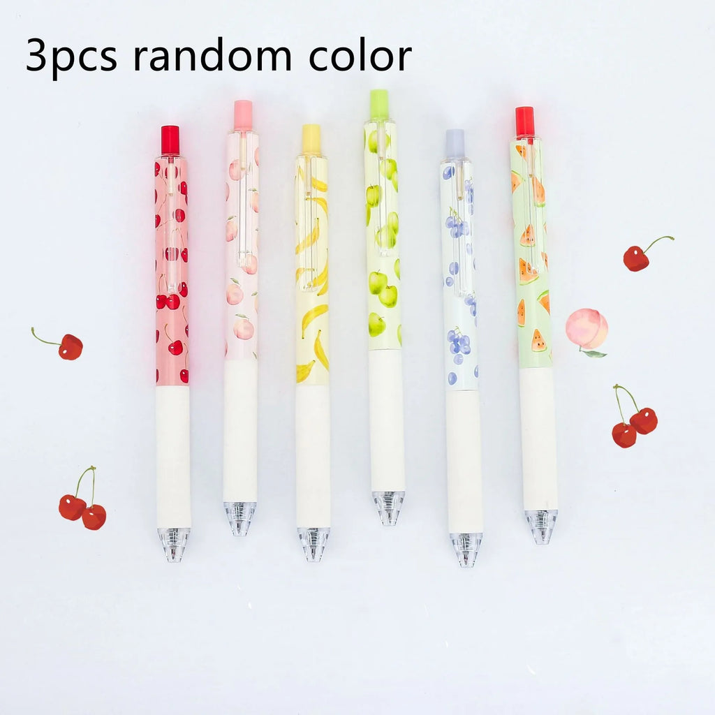 Three fruit-scented pressurised pens with 0.5mm black refills and plastic barrels