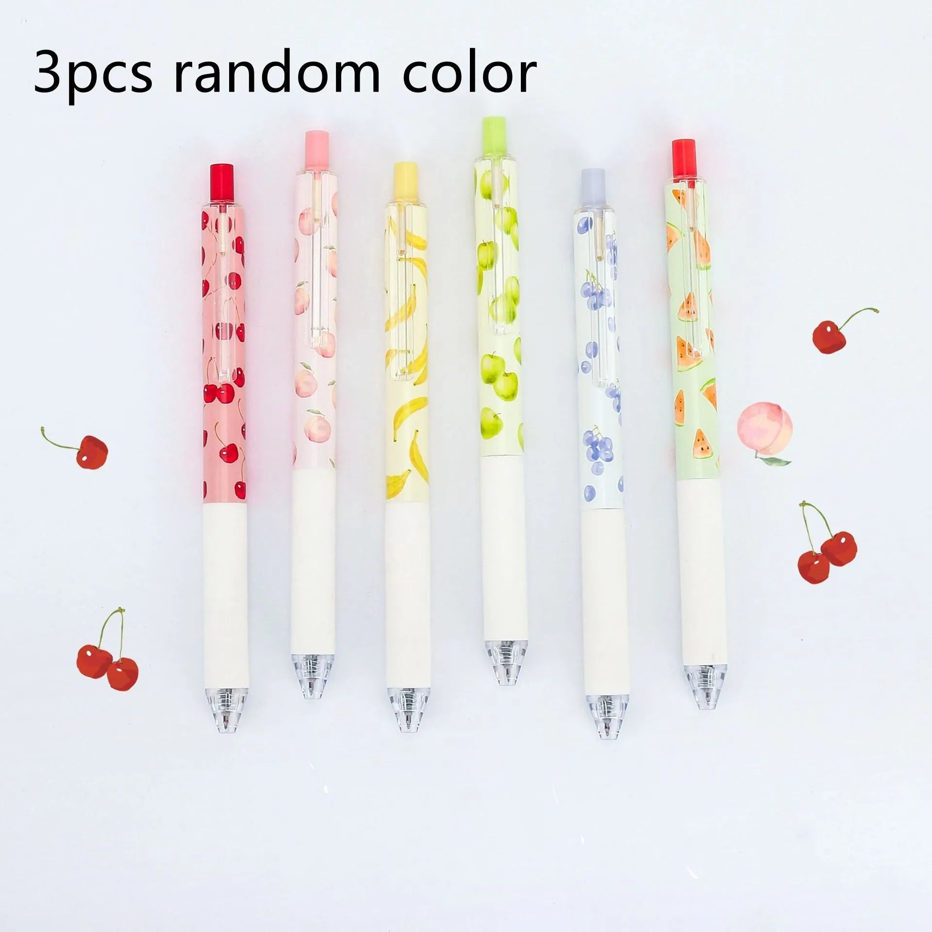 Three fruit-scented pressurised pens with 0.5mm black refills and plastic barrels