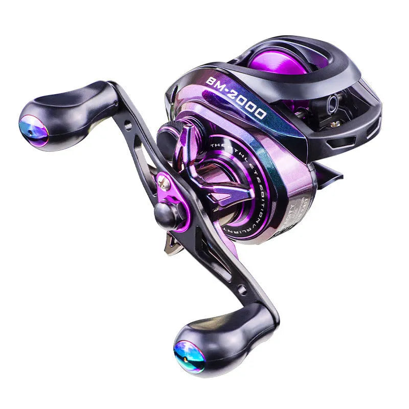 BM2000 left-handed and right-handed spinning fishing reel with magnetic brake, graphite body, and aluminium spool.
