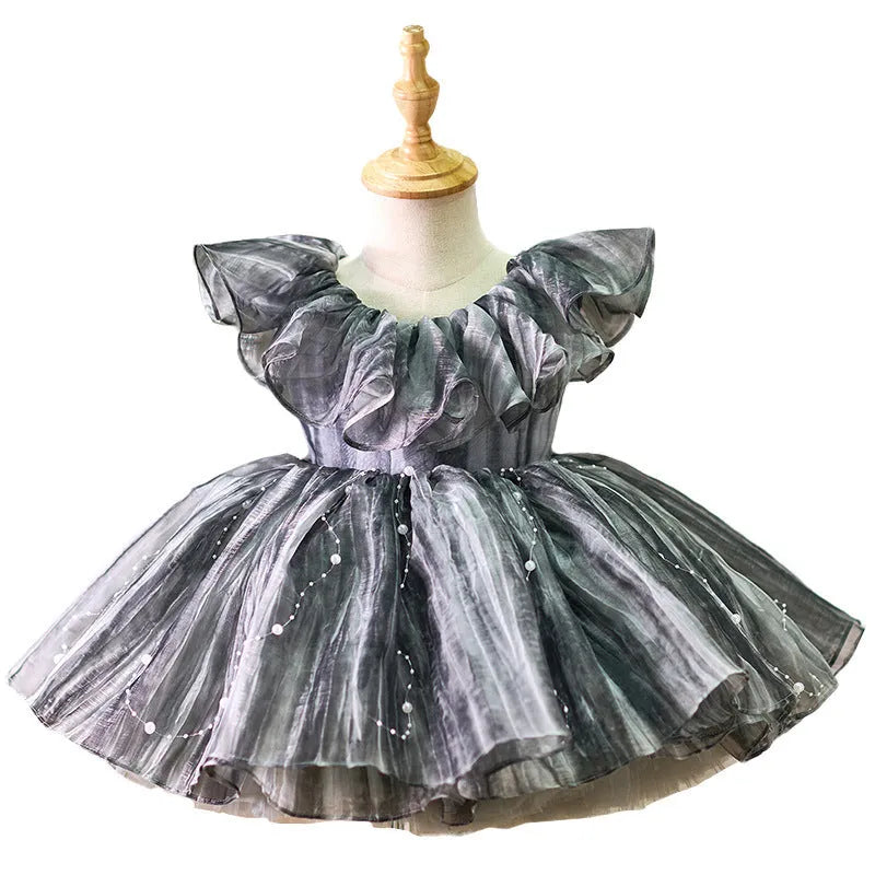 Girls birthday party dress in high grade gray, princess style, polyester lined, sizes 80cm to 160cm