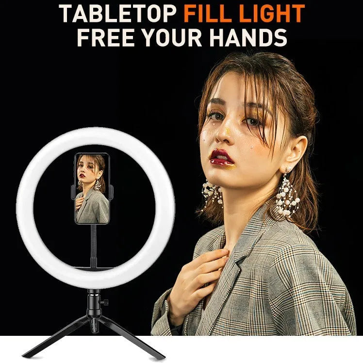 White metal desktop bracket fill light with 26cm arc, desktop tripod, and Bluetooth remote control for mobile phone