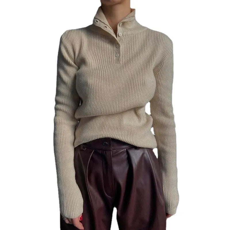 Women's slim fit retro breasted half turtleneck pullover sweater in silver grey or rice apricot