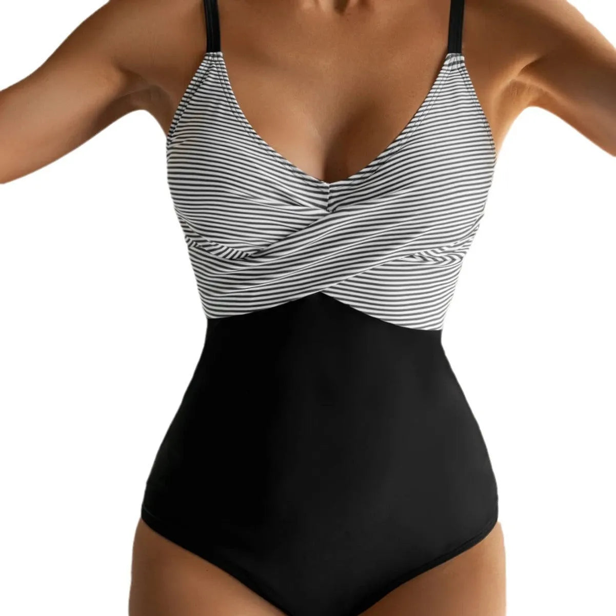 Women's printed one-piece swimsuit with lace-up front and backless gather detail.
