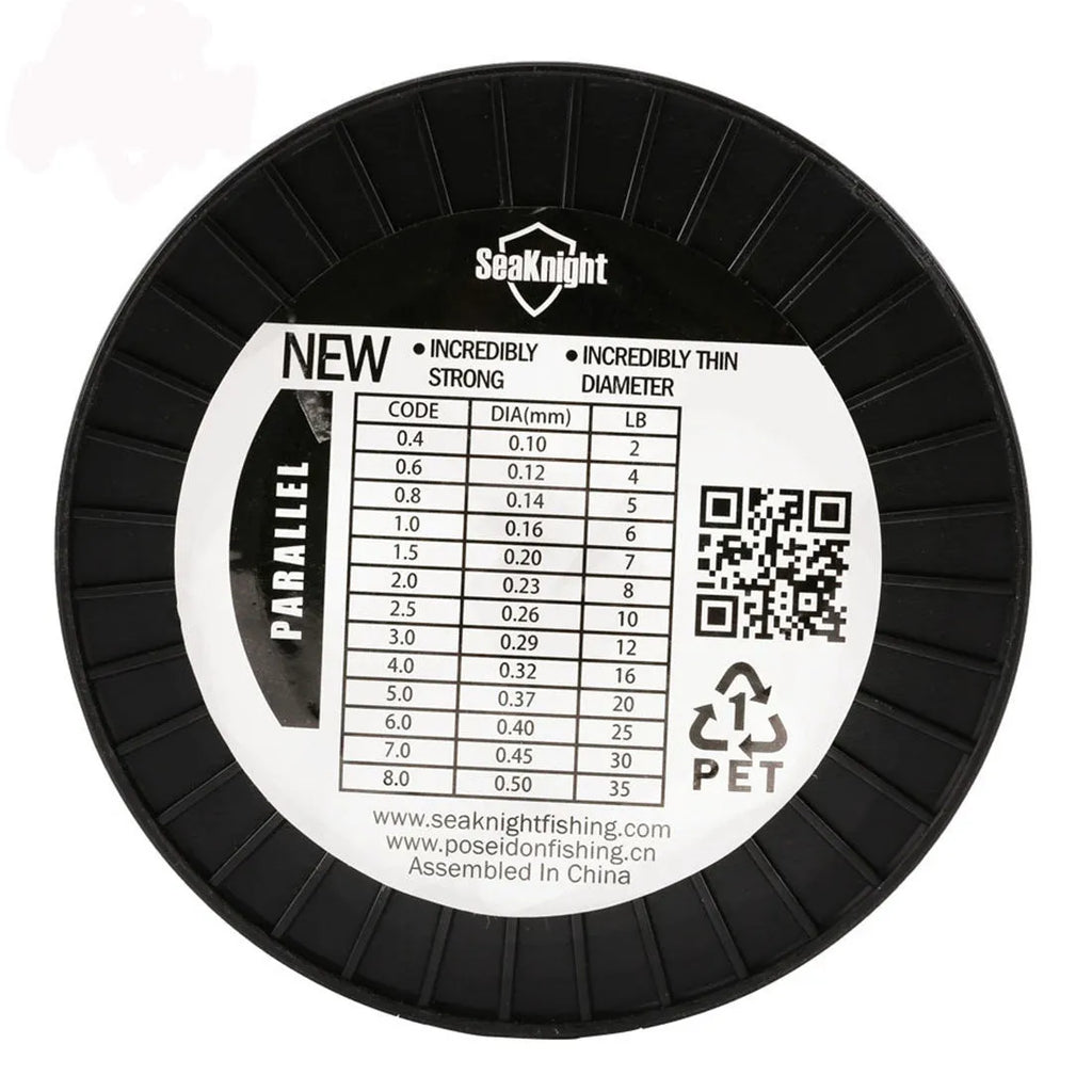 Seaknight1000 M fishing line spool in five colour options with diameter size guide from 0.4 to 8.0 mm
