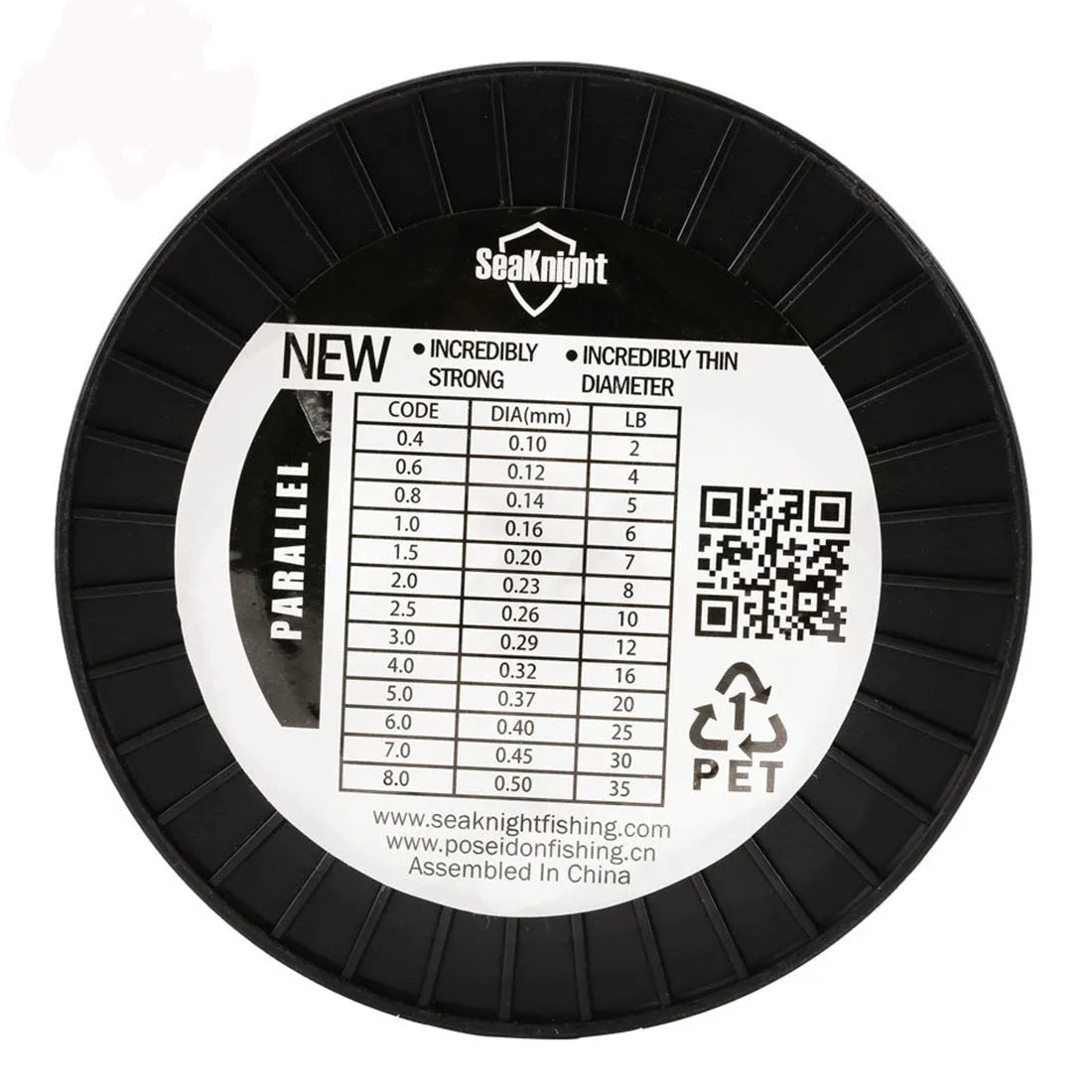 Seaknight1000 M fishing line spool in five colour options with diameter size guide from 0.4 to 8.0 mm