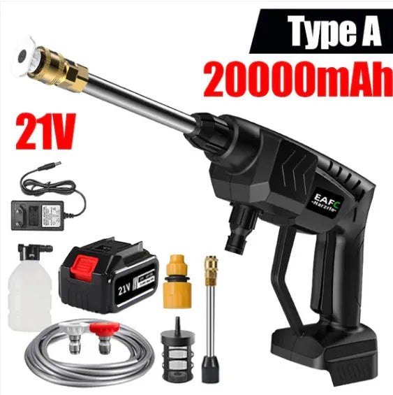 Wireless lithium battery car washing gun, red and white, with straight sector shape nozzle and plastic handle